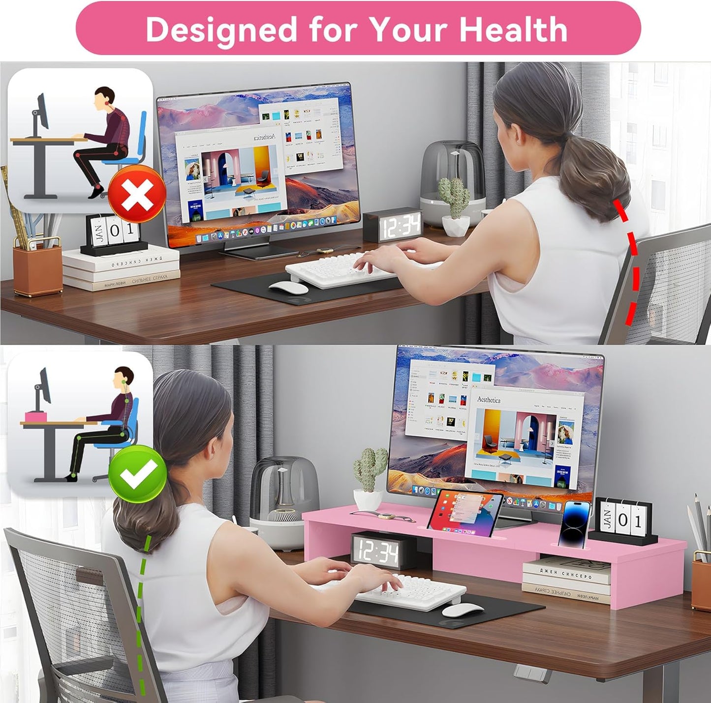 Qupui Computer Monitor Stand Riser with Drawer and Pen Holders, Desk Organizer Shelf and Accessories, Office Desk Accessories, Office Organization, Black
