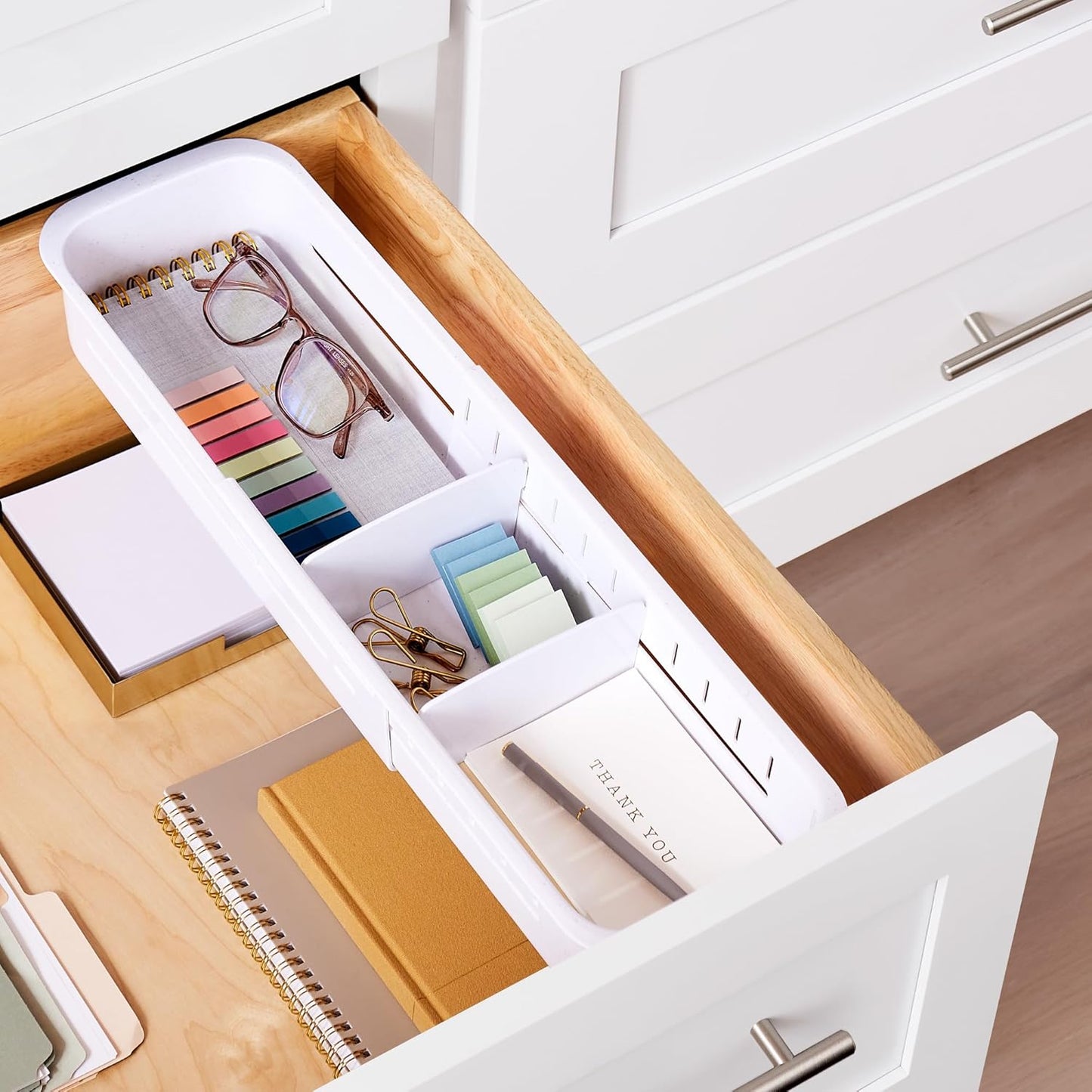 YouCopia DrawerFit Sliding Drawer Tray with Adjustable Dividers, Expandable Kitchen Storage Organizer, Speckled White