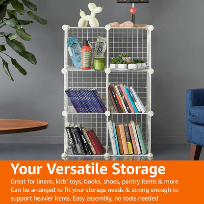 Amazon Basics 6-Cube Wire Grid Stackable Storage Organizer, Metal Shelving Unit, No-Tool Assembly, 26"W x 38"H x 12.6"D, Black