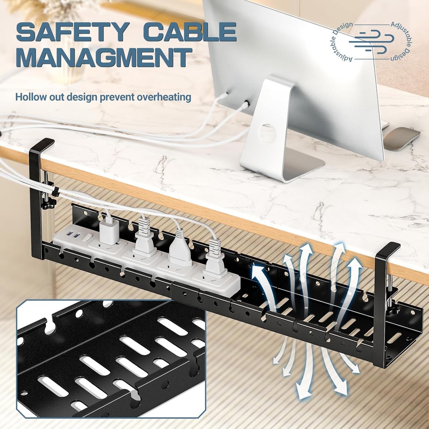 Shikha Cable Management Under Desk, 15.7"-31" Retractable Cable Management Tray, No Drilling Cord Organizer with Clamp for Desk, Under Table Wire Management Tray for Home Office -White