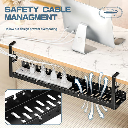 Shikha Cable Management Under Desk, 15.7"-31" Retractable Cable Management Tray, No Drilling Cord Organizer with Clamp for Desk, Under Table Wire Management Tray for Home Office -White