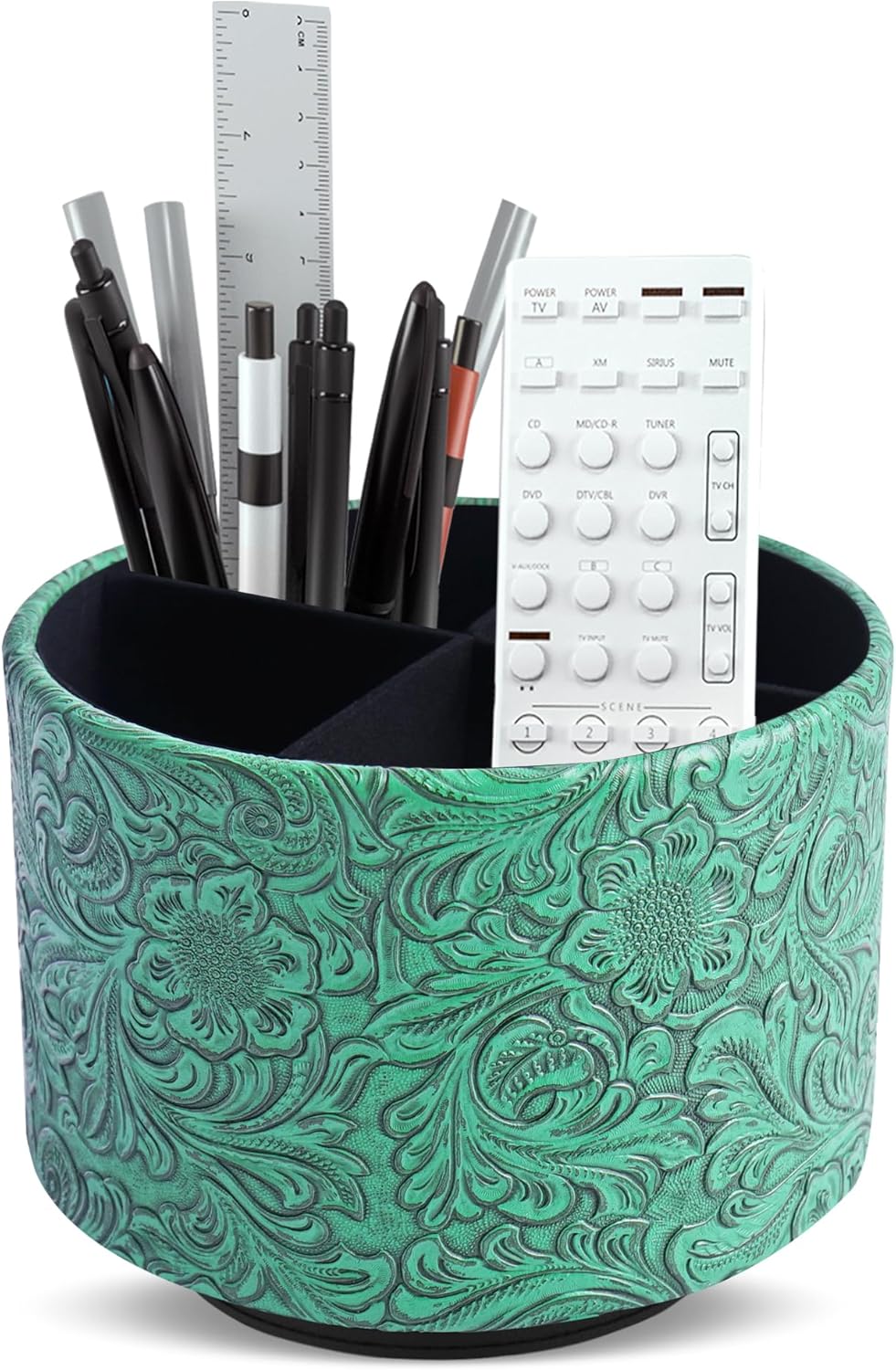 lizimandu Round Leather Art Supply Organizer,Remote Control Holder,360 Degree Spinning,Multi-Functional Pencil Holder,4 Compartments Desktop Stationary Organizer(1-Gold) - Colors A