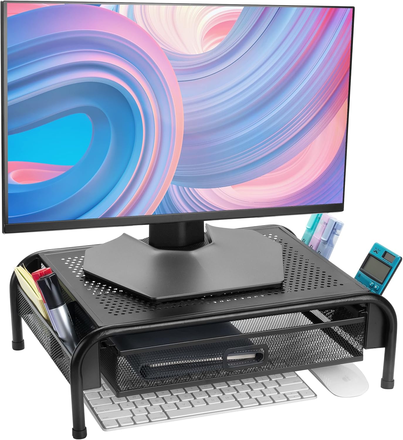 Mr. Pen- Metal Mesh Monitor Stand With Drawer, Computer Stand for Desk With Storage, Desktop Riser