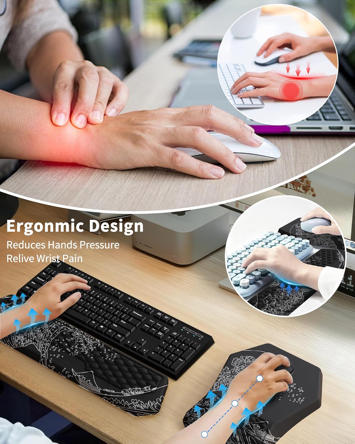 Ergonomic Mouse Pad and Keyboard Wrist Rest Support Set, Massage Design Mousepad for Carpal Tunnel Pain Relief, Memory Foam, Non-Slip PU Base for Computer Desk, Baby Blue