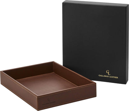 GALLAWAY Leather Valet Tray for Men - Nightstand Organizer EDC Tray for Wallet and Keys - Bedside Dresser Catch All Dump Key Bowl for Entryway Table, Dark Brown