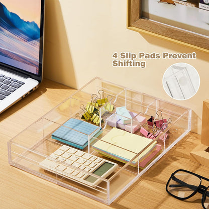 Briwooody 1 Pcs Acrylic Desk Drawer Organizer 9'' up to 16'' x 12'' x 2.2'' Expandable Drawer Organizer Trays with 10 Adjustable Compartments Clear Desk Accessories for Makeup Office Bathroom