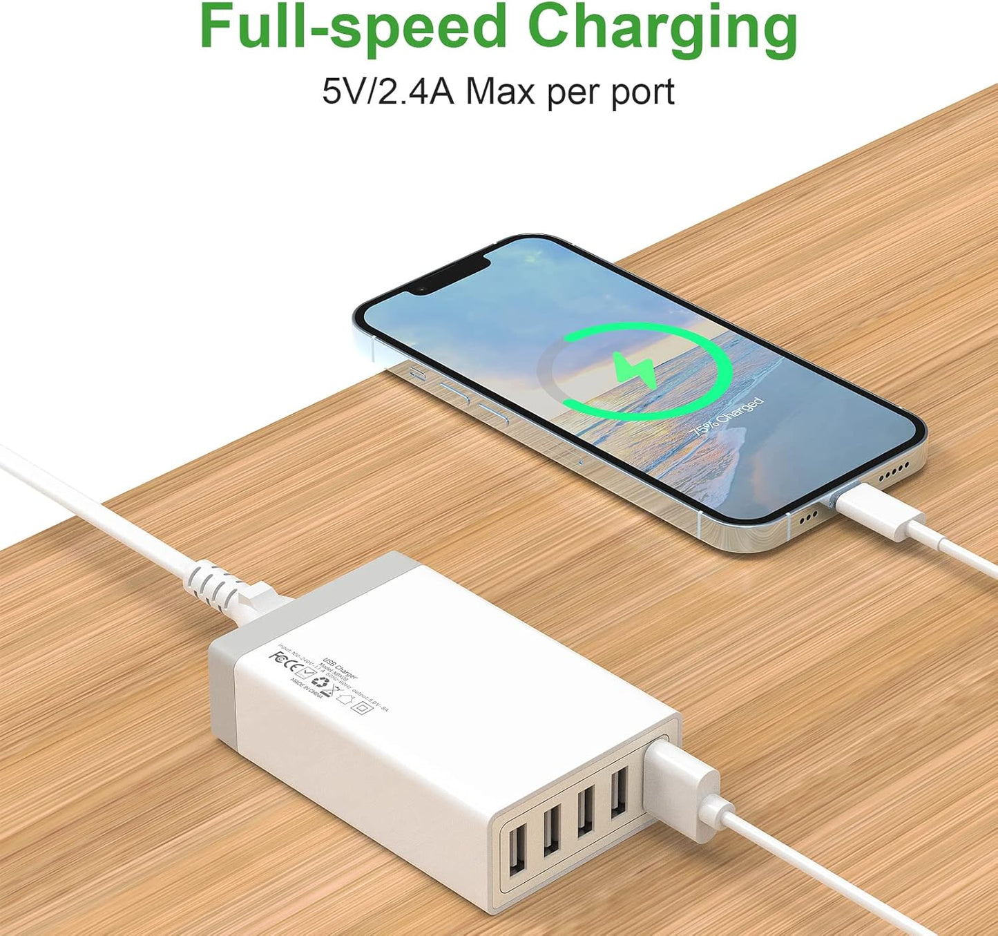 Pezin & Hulin Bamboo Charging Station for Multiple Devices with 5 Port USB Charger, 5 Cables and Watch Stand. Wood Desktop Docking Stations Organizer for Cell Phone, Tablet, Watch, Office Accessories