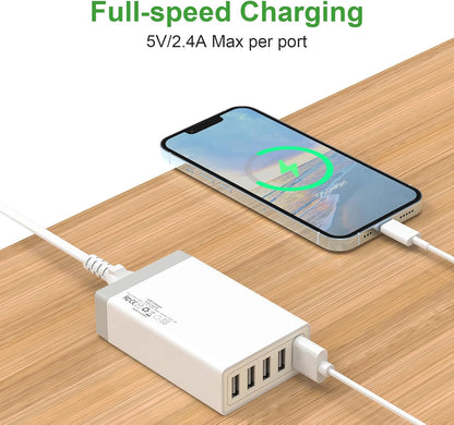 Pezin & Hulin Bamboo Charging Station for Multiple Devices with 5 Port USB Charger, 5 Cables and Watch Stand. Wood Desktop Docking Stations Organizer for Cell Phone, Tablet, Watch, Office Accessories