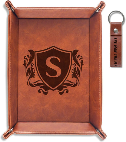 INNObeta Initial Valet Tray, Desktop Storage Organizer, PU Leather Bedside Tray Key Coin Holder, Personalised Gifts for Men, Birthday, Christmas, Letter S