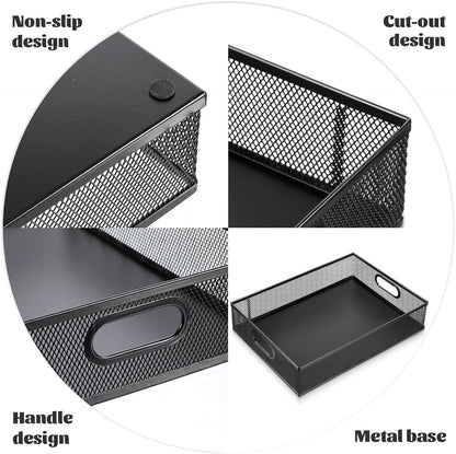 Desk Drawer Organizer, A4 Large Black Mesh Drawer Organizer Portable Desk Paper Letter Mail Basket Tray Versatile Metal Wire Storage Tray with Handle for Home Office Organizing Supplies, 13 X 9 Inches