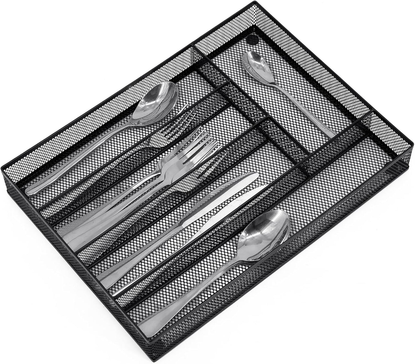 Neudeco Drawer Organizer Set 6 Pack - 5-Compartment Silverware Organizer Tray + 5 Utensil Trays, Kitchen Drawer Organizer for Flatware, Cutlery, Office Supplies, Black Mesh, Non-Slip.
