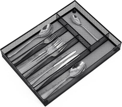 Neudeco Drawer Organizer Set 6 Pack - 5-Compartment Silverware Organizer Tray + 5 Utensil Trays, Kitchen Drawer Organizer for Flatware, Cutlery, Office Supplies, Black Mesh, Non-Slip.