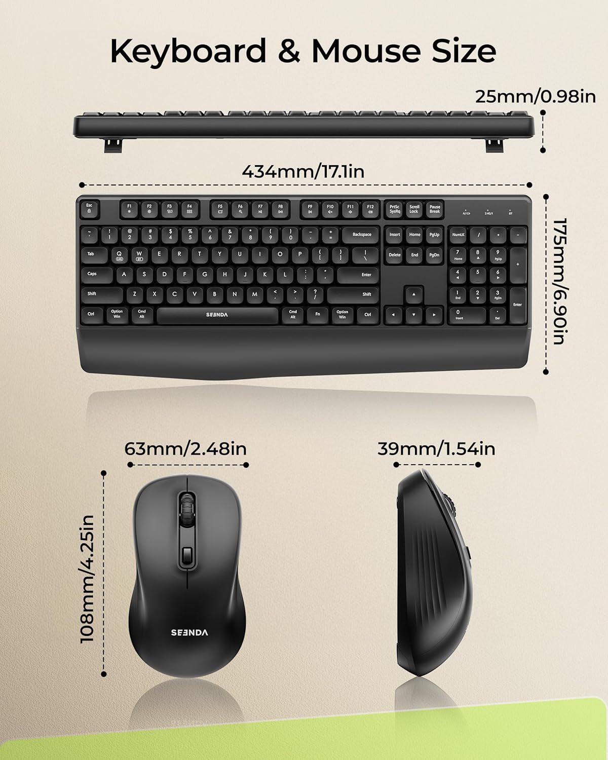 seenda Wireless Bluetooth Keyboard and Mouse Combo, COE200 Ergonomic Wireless Keyboard Mouse with Wrist Rest, Multi-Device Connection, Full-Size, Compatible for Computer/Laptop/Mac/MacBook, Black