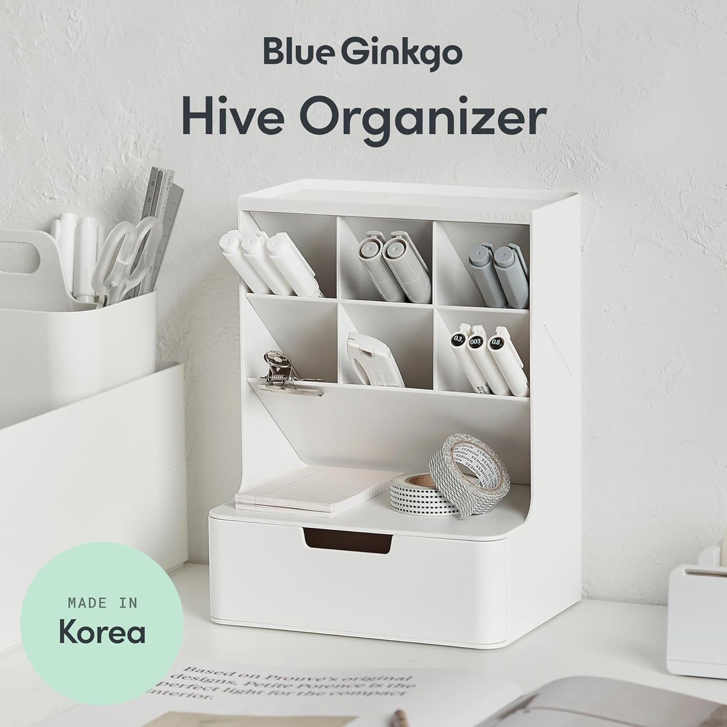 BLUE GINKGO Compact Desk Organizer – Small 5-Compartment, Half Drawer Storage – Pen Holder, Stationery Organizer for Desktop, Vanity, Shelf (Made in Korea, Green)