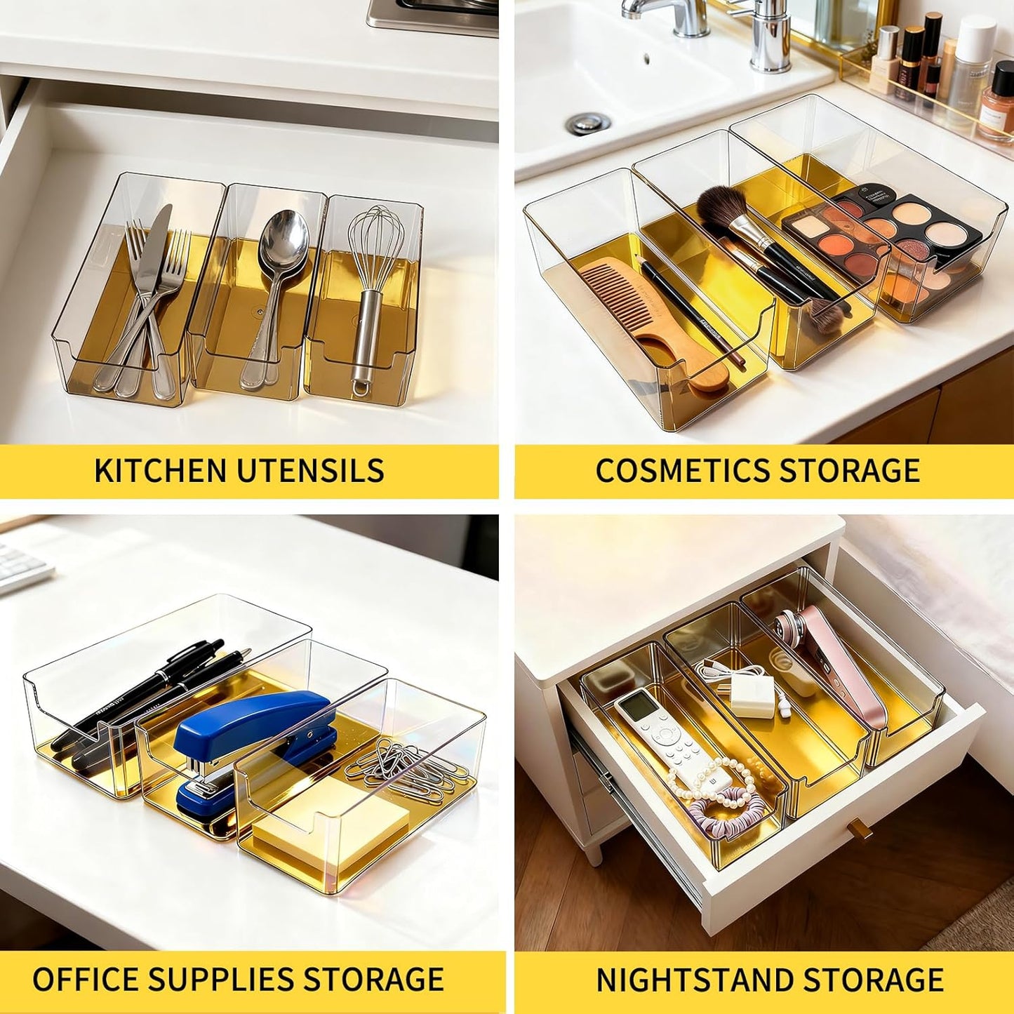 3pcs Plastic Drawer Organizer, 3 Sizes Desk Drawer Divider Organizers and Containers for Makeup, Jewerly, Kitchen drawer organizers, Bedroom, Bathroom, Office supply for storage (Gold)