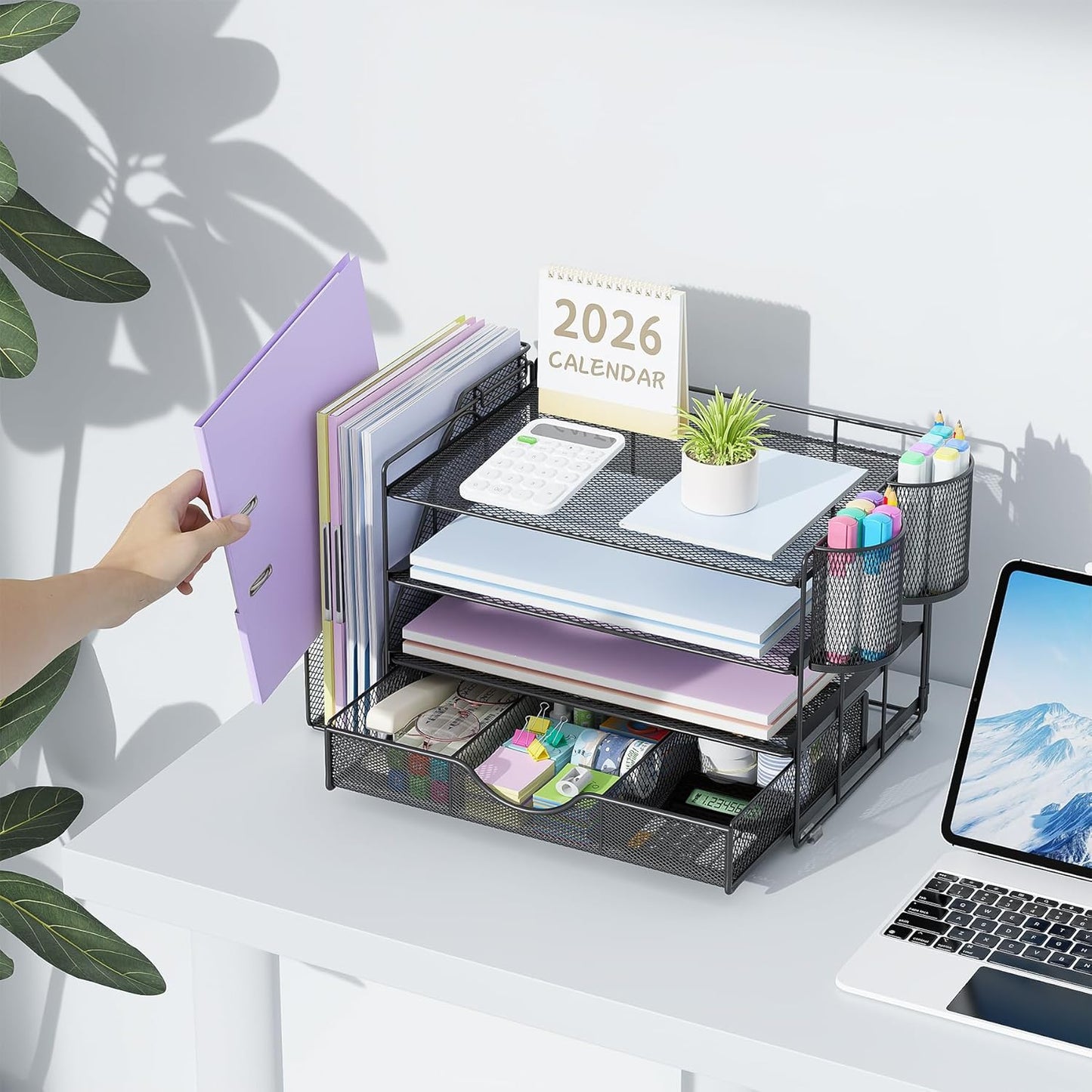 gianotter Desk Organizers and Accessories with File Holder, 4-Tier Desk Accessories & Workspace Organizers with Drawer and 2 Pen Holder, Paper Organizer for Office Supplies (Rose Gold)