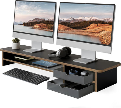 Fenge Monitor Stand, Dual Monitor Riser, 42.5inch Large Desk Computer Monitor Stand Riser with Drawer, 2 Tier Wood & Acrylic Desktop Organizer for Computer, Laptop, Printer, TV Screen Riser