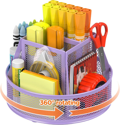 Docnest Mesh 360 Degree Rotating Pen Holder with 6 Compartment,Metal Pencil Cup Art Supply Storage Box Caddy,Teacher Stationery and Dorm Supplies Desk Organizer for Pencil,Sticky Note,Scissors-Pink