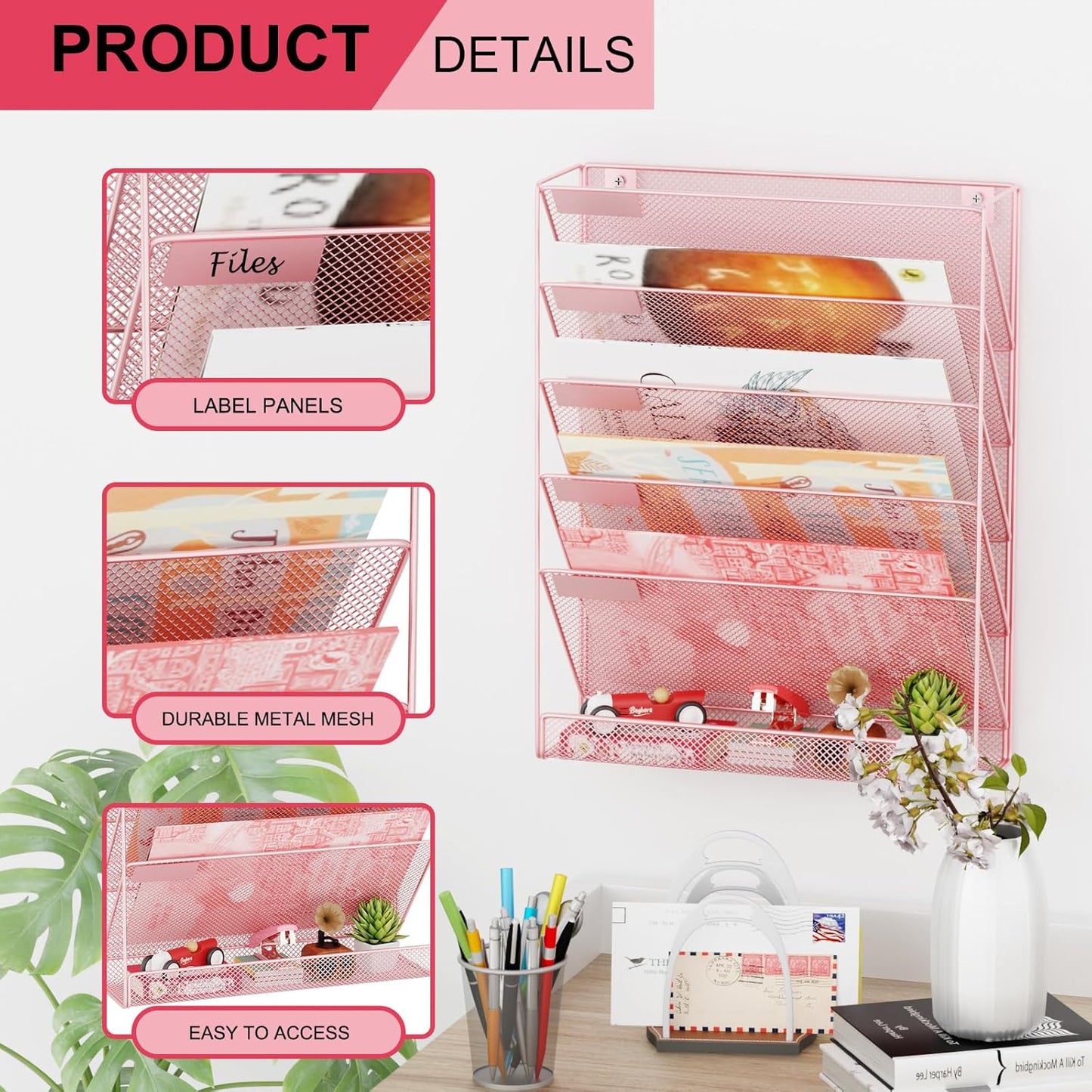 Wall File Organizer Holder Mesh Hanging Paper Document Holder,Vertical 6 Pocket Tier for Office Home, Black