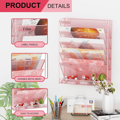 Wall File Organizer Holder Mesh Hanging Paper Document Holder,Vertical 6 Pocket Tier for Office Home, Black