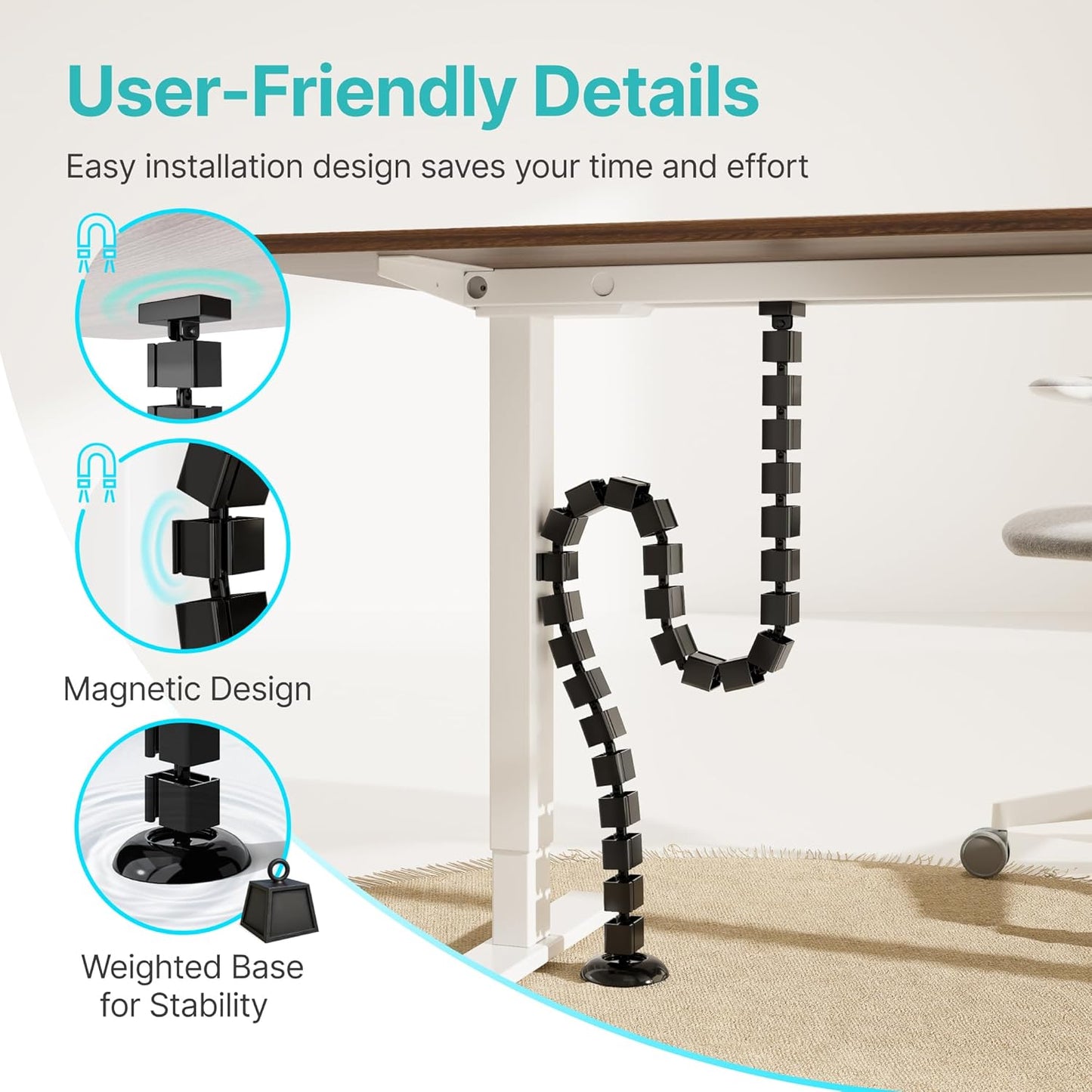 PEGZONE Under Desk Cable Management Spine – Flexible Cable Snake Organizer for Standing Desk, Tool-Free Magnetic Vertebrae Wire Management for 0.4"-2" Table, White