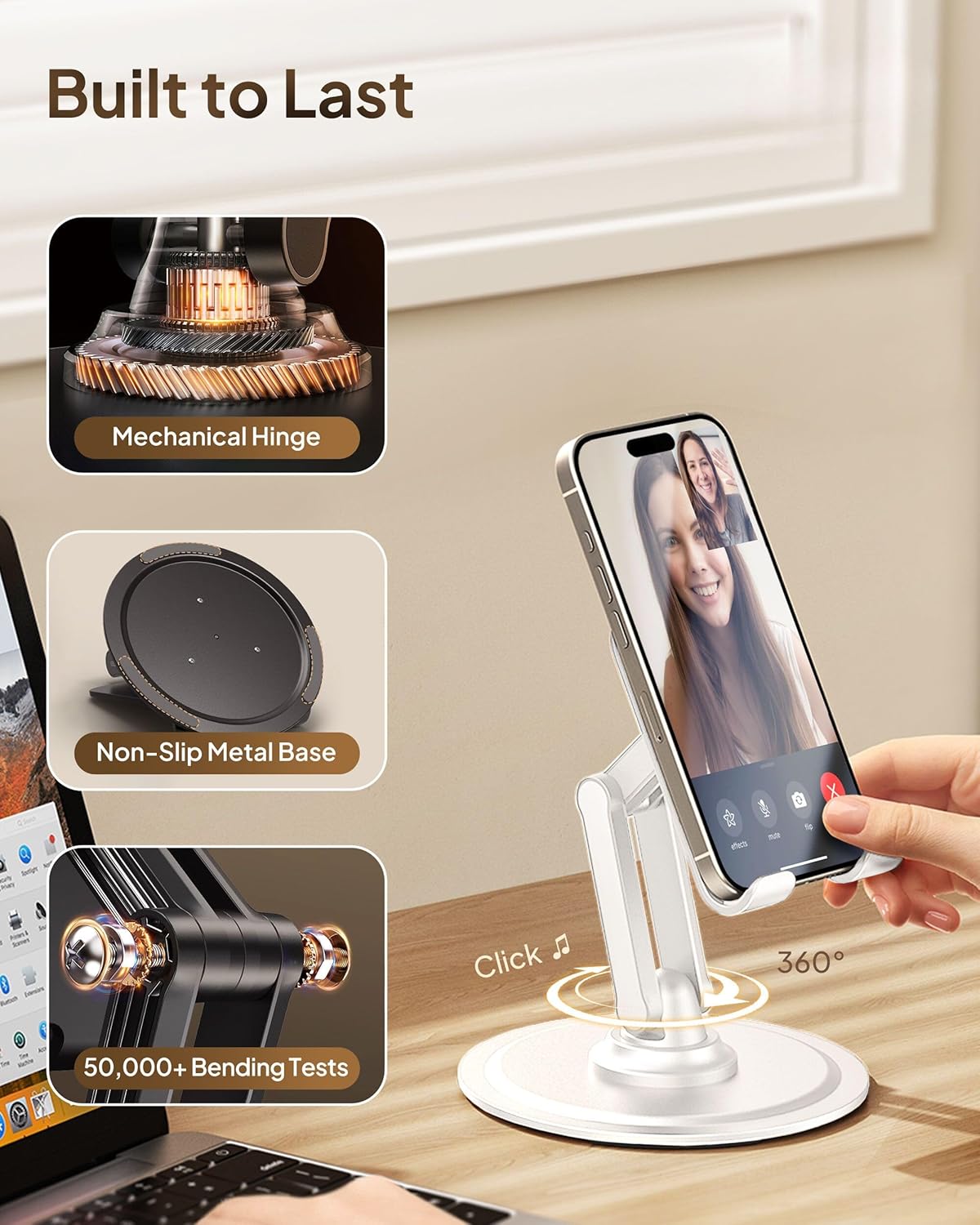 COOPER 360° Stand, Rotating Cell Phone Stand for Desk | Sturdy Metal Base, Foldable, Portable | Cell Phone Holder for Desk (Piano Black)