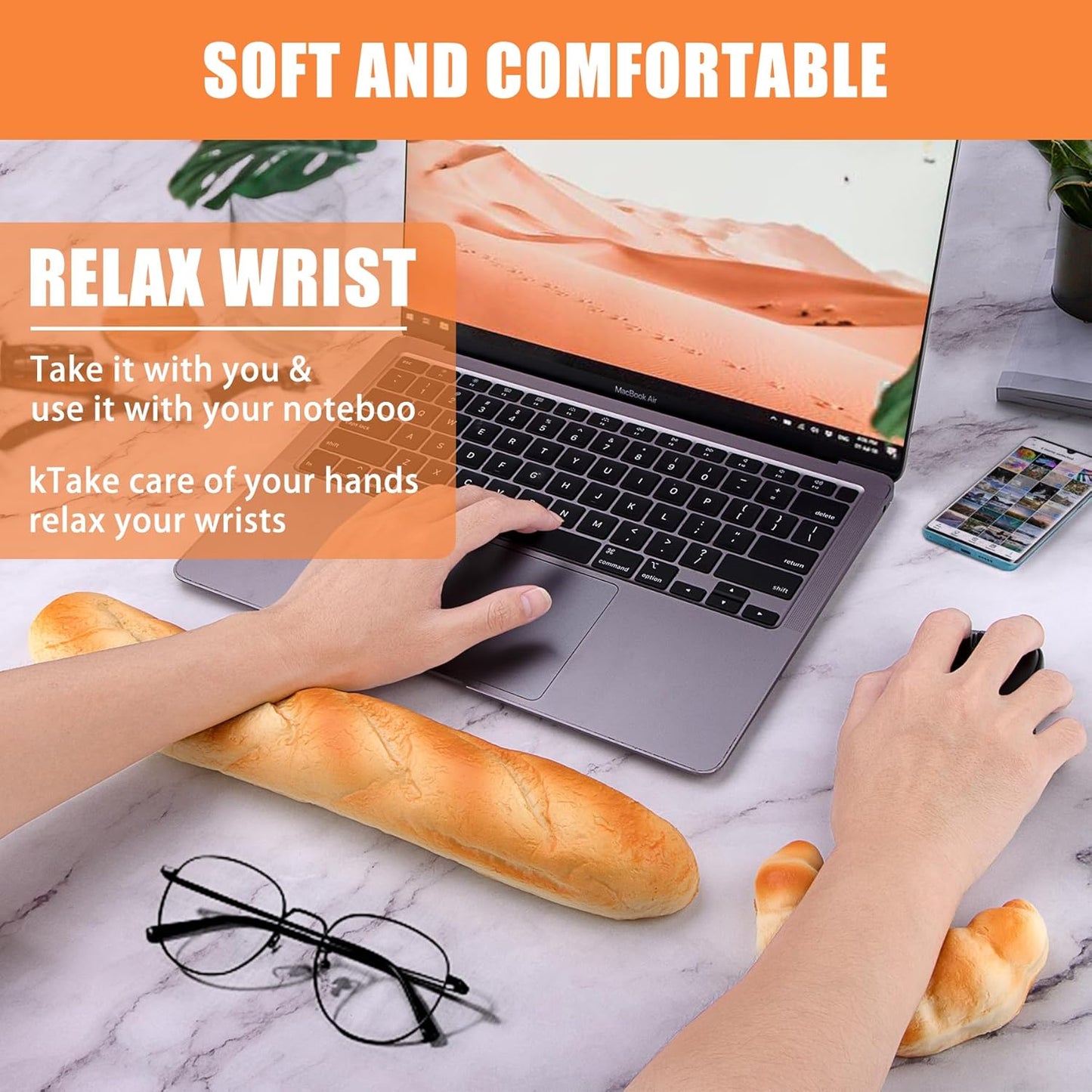 Soft Toast Bread Baguette Shape Anti-Skid Keyboard Wrist Rest Support & Mouse Wrist Support for Office,Computer,Laptop& Mac