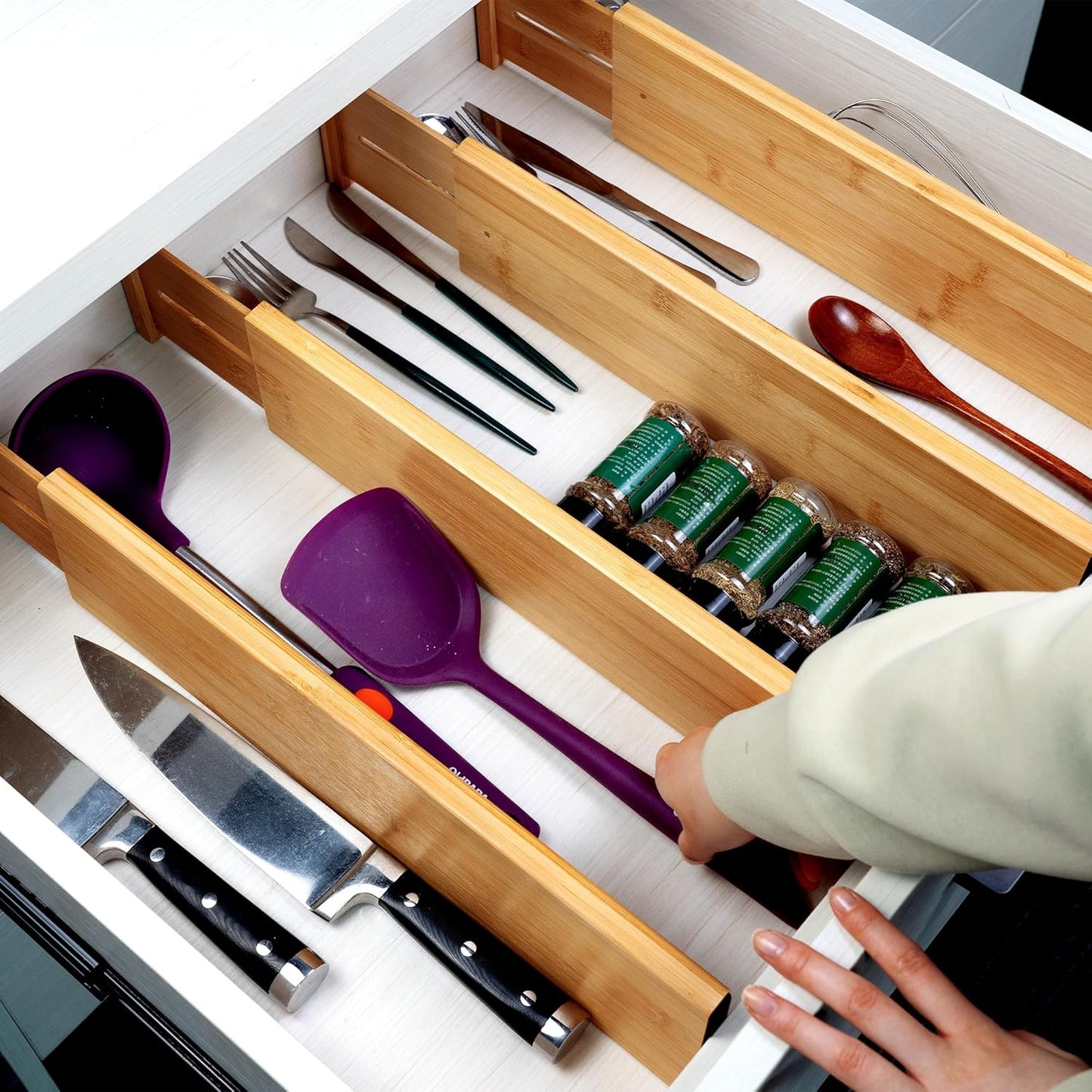Utoplike 4 pcs Bamboo Kitchen Drawer Dividers Large, Adjustable Drawer Organizers, Spring Loaded, Expandable Organization Works in Kitchen, Dresser, Bathroom, Bedroom, Drawer, Desk