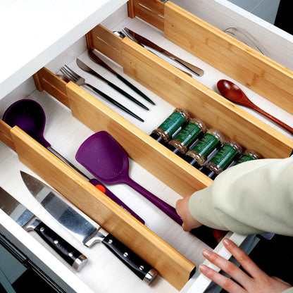 Utoplike 4 pcs Bamboo Kitchen Drawer Dividers Large, Adjustable Drawer Organizers, Spring Loaded, Expandable Organization Works in Kitchen, Dresser, Bathroom, Bedroom, Drawer, Desk