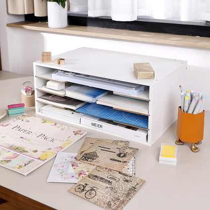 Yumkfoi 12x18 Construction Paper Organizer, 4-Tiers Paper Storage Shelf, Wooden Desk Organizer, File Holder and Letter Tray for Office, Home, Classroom