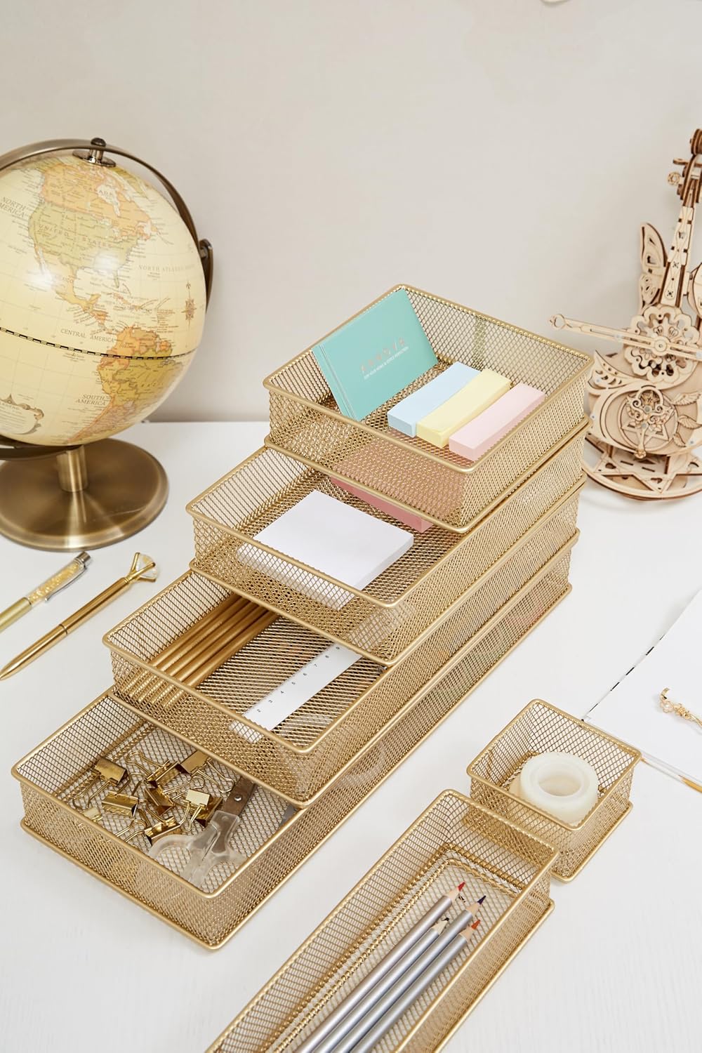 Annova Stackable Mesh Drawer Cabinet and Shelf Organizer Bins Storage Basket School Office Supply Holder Tray- Set of 2 (Gold, 3x3x2 Inch)