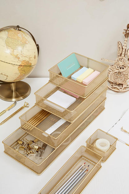 Annova Stackable Mesh Drawer Cabinet and Shelf Organizer Bins Storage Basket School Office Supply Holder Tray- Set of 2 (Gold, 3x3x2 Inch)
