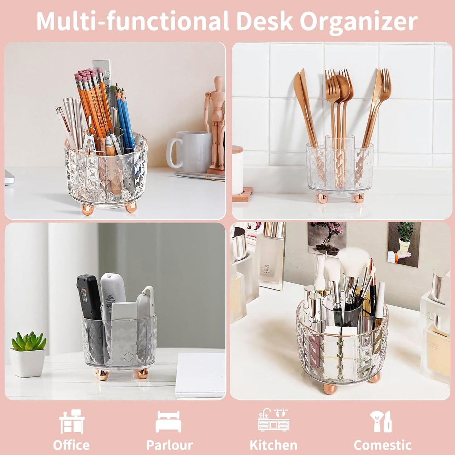 Gold Desk Accessories, Office Desk Organizers and Accessories 360°Pen Holder Acrylic Stapler Set, Phone Holder, Ballpoint Pen, Scissor, Binder Clips, Ruler, Transparent Glue, Sticky Note and Staples.