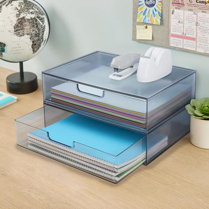 STORi STAX Plastic Stackable Organizer Drawers (Set of 2) Clear | 12.5" Wide | Set Includes Two Open Drawer | Organize Office Desk Accessories & Sort Paper | Made in USA
