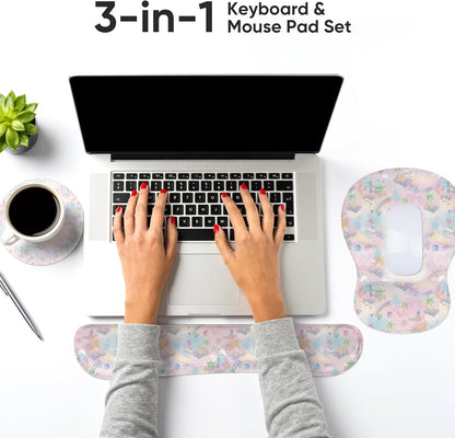 Wrist Rest Support for Mouse Pad Keyboard Set Circle Coaster Gaming Mouse Pad Ergonomic Gel Memory Foam Set for Computer, Laptop, Office, Pain Relief, Comfortably Typing Flowers KM-39