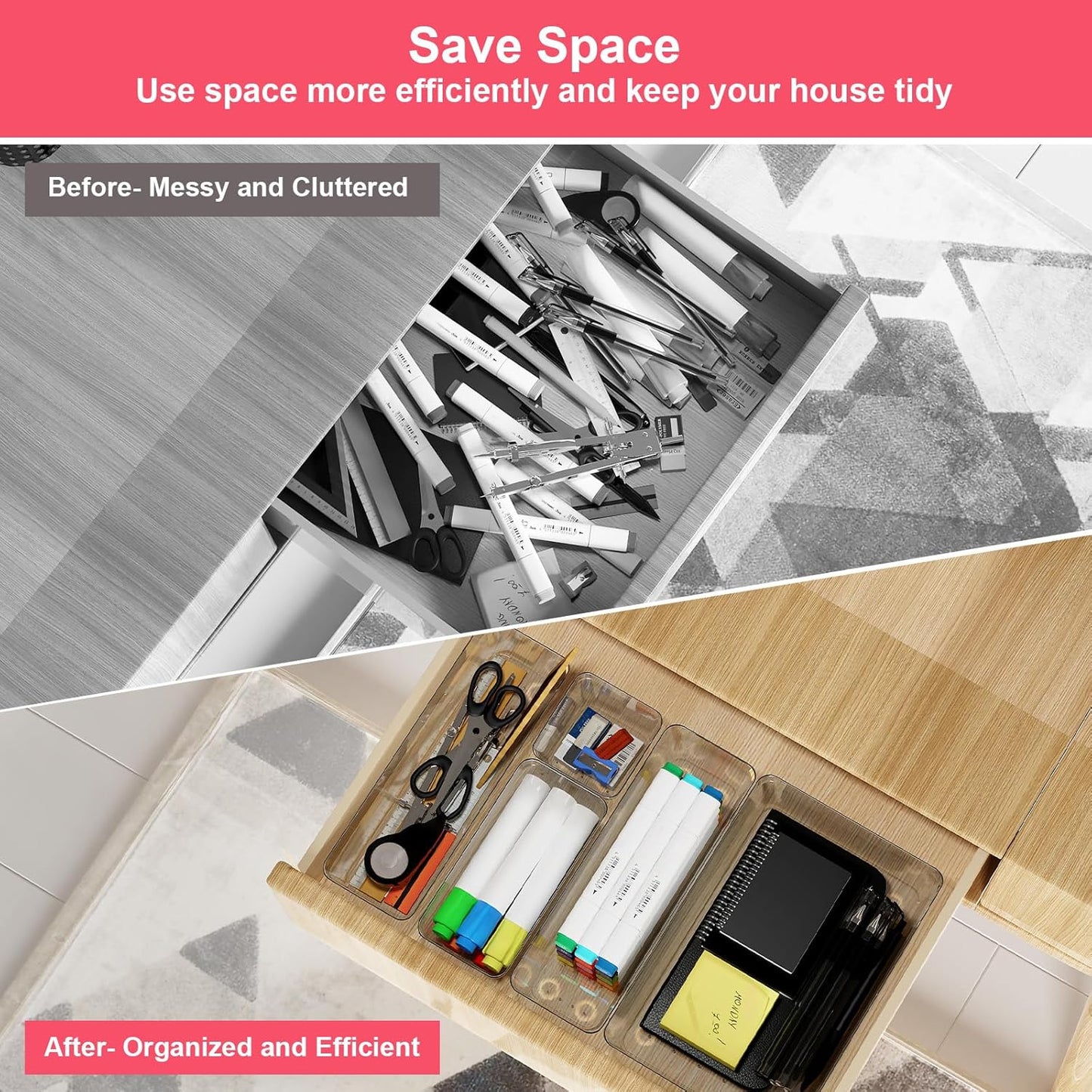 15 Piece Clear Plastic Drawer Organizers Set - 4 Sizes Bathroom & Dresser Storage Bins, Stackable Kitchen Desk Organizer Trays for Makeup, Jewelry, Utensils, Junk, Gadgets