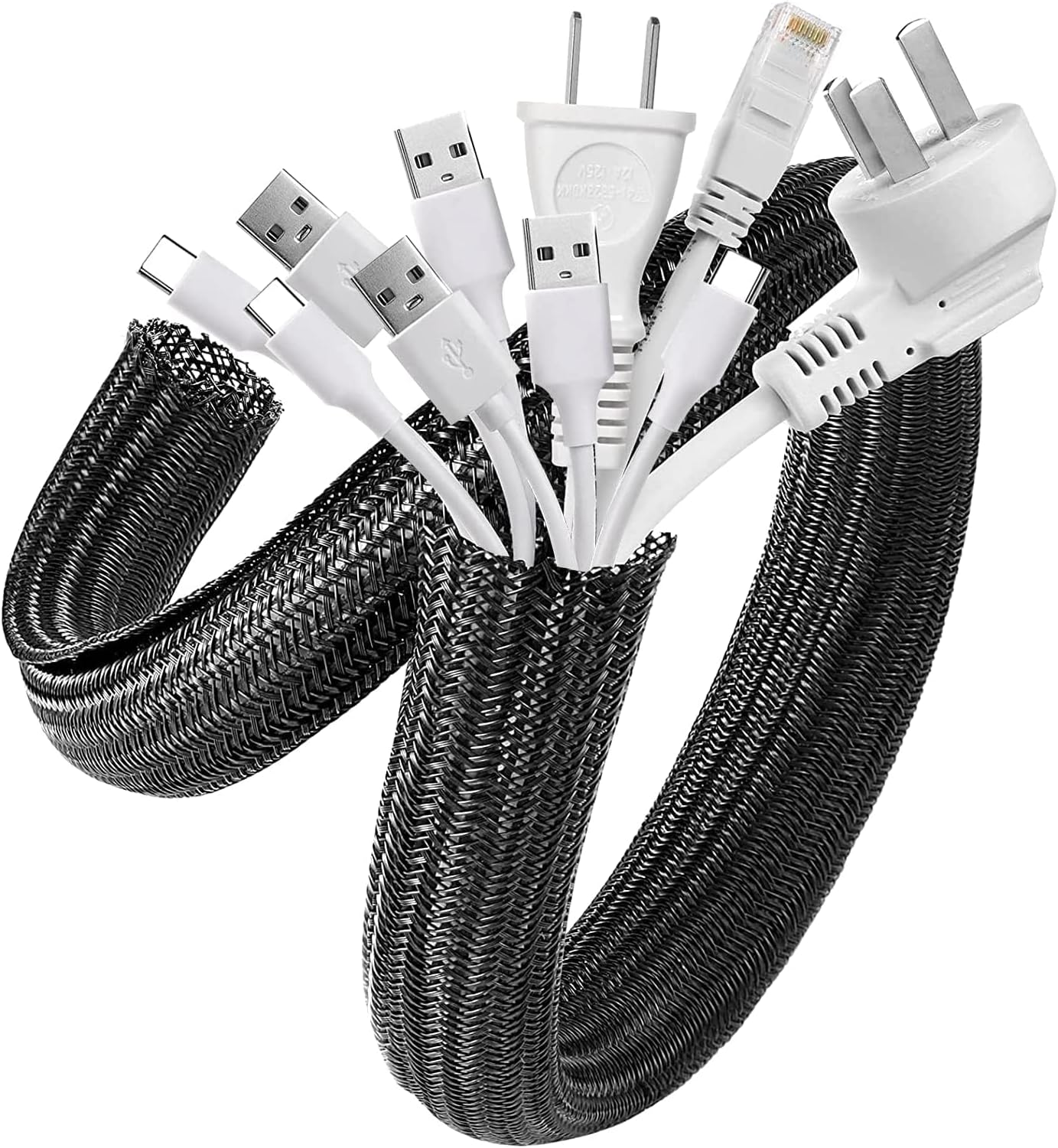 AGPTEK White Cable Sleeve, 2 Pack 5ft - 1.2 Inch Cable Management, Desk Cord Cover Organizer Wire Hider for Computer TV Wire Loom Tubing, Pet Proof Cord Protector from Cat Dog Chewing, White