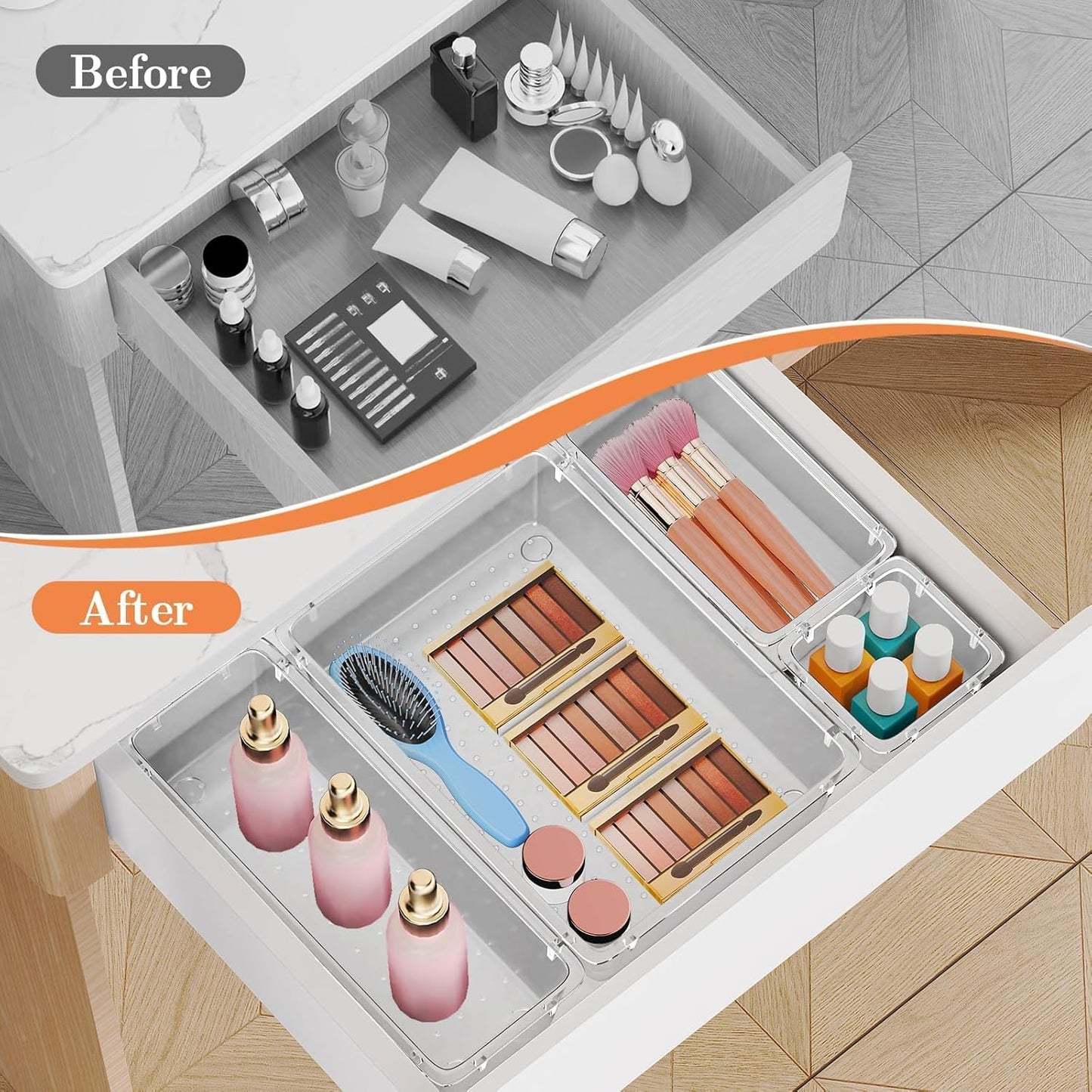 SpaceHacks 25 PCS Plastic Drawer Organizer Set, 4-Size Versatile Organizer Tool Trays & storage Bins for Makeup, Jewelry, and Gadgets in Bathroom, Bedroom and Office,Clear Black