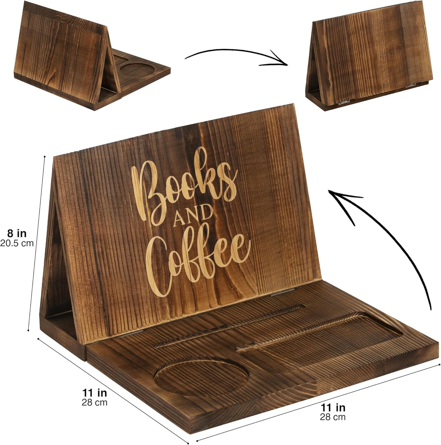 Wooden Book Holder for Page Rest,Book Valet Book Stand with Cup,Glass&Pen Holder,Idea Gift for Book Lover and Table Décor.