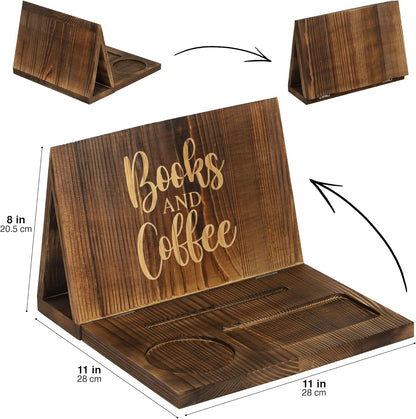 Wooden Book Holder for Page Rest,Book Valet Book Stand with Cup,Glass&Pen Holder,Idea Gift for Book Lover and Table Décor.