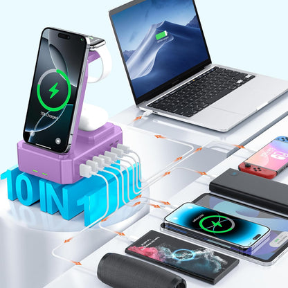 300W Charging Station for Multiple Devices Apple,10 in 1 Wireless Charger for iPhone,GaN III USB C 65W PD Fast Charging Stand Dock for MacBook,iWatch&Airpods (Wireless Charging Only for Apple)