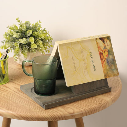 LITIVY Wooden Book Holder with Drink Holder, Wooden Triangle Bookmark Reading Rest with Slotted, Book Display Bookmark Book Holder Decor for Coffee and Book Lover Gifts (Greenish Gray)