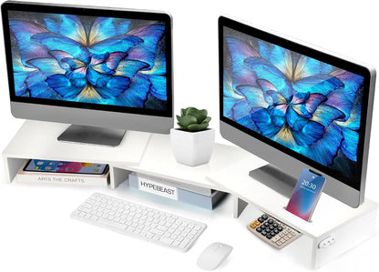 La Jaco Dual Monitor Stand Riser for 2 Monitors, Monitor Stand for Desk, Adjustable Length & Swivel Angle Wooden Desktop Organizer Stand Riser with Smartphone Holder for PC Monitor Laptop, White
