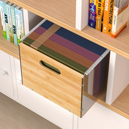 Sbanmao Clear Acrylic File Box Organizer, Bamboo Hanging Folder Storage Boxes, Filing Crate Bin Holder with Handle for Home Office Desk, Letter Size