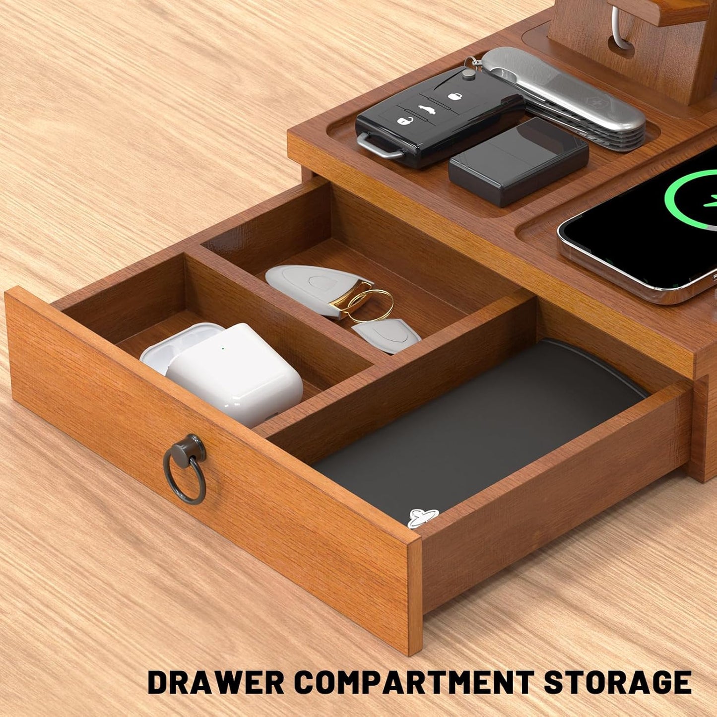 Wood Phone Docking Station with USB Ports and Outlets, Nightstand Organizer with Charging Station, Bedside Organizer with Drawer for Watch & Accessories, Christmas Anniversary Birthday Gifts for Men
