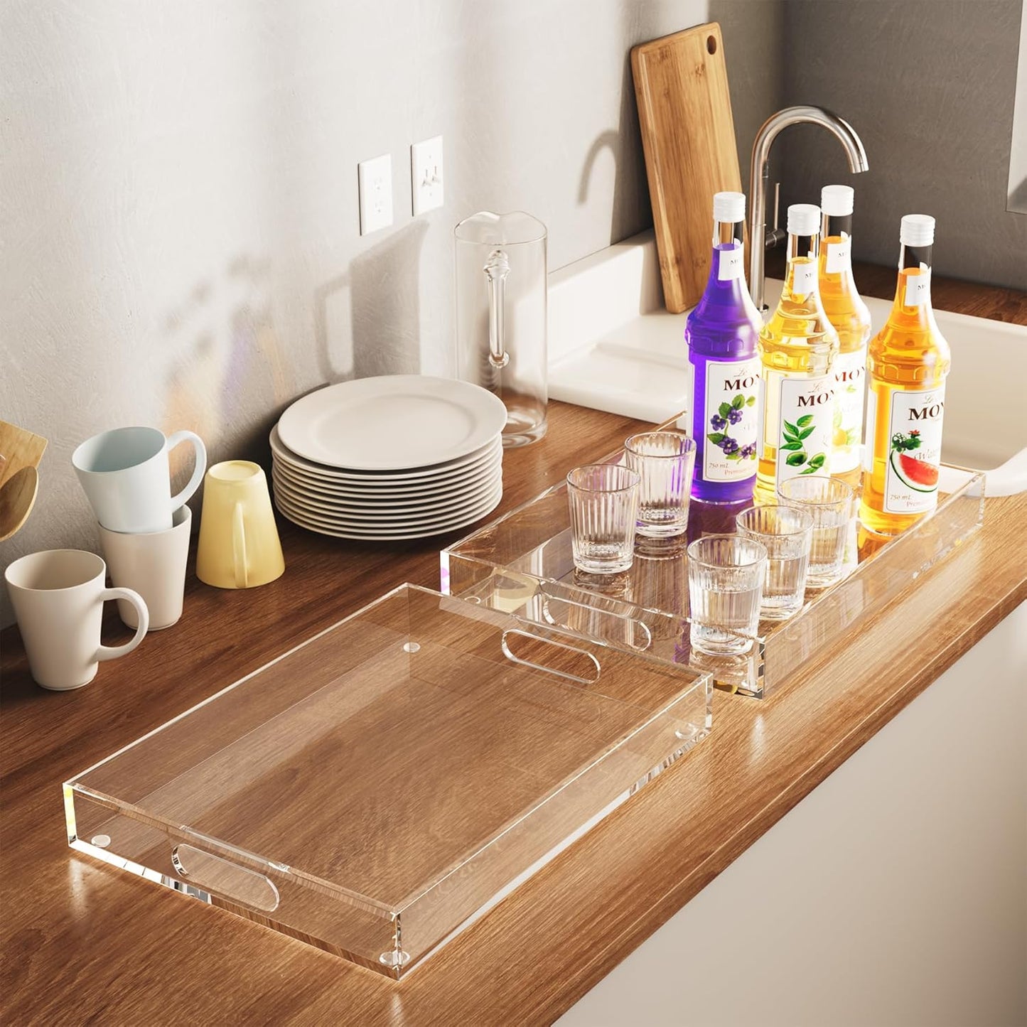 2 Pack Serving Tray with Handles, Clear Acrylic Tray for Serving Food, Large Outdoor Food Trays for Eating, Lucite Acrylic Trays for Appetizer, Pizza, Fruit and Drinks, Unbreakable, 16"×12"