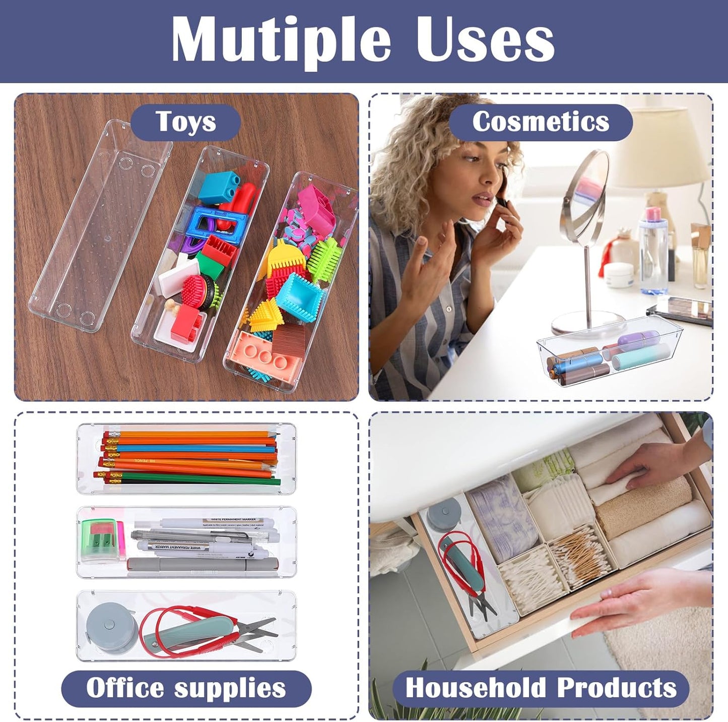 MAQUITA 12 Pcs Vanity Drawer Organizer 9 x 3 x 2 Inches Clear Plastic Utensil Organizers Kitchen Drawers Dividers for Office Desk Silverware Kitchen Utensils Cosmetics and Bathrooms(Clear)