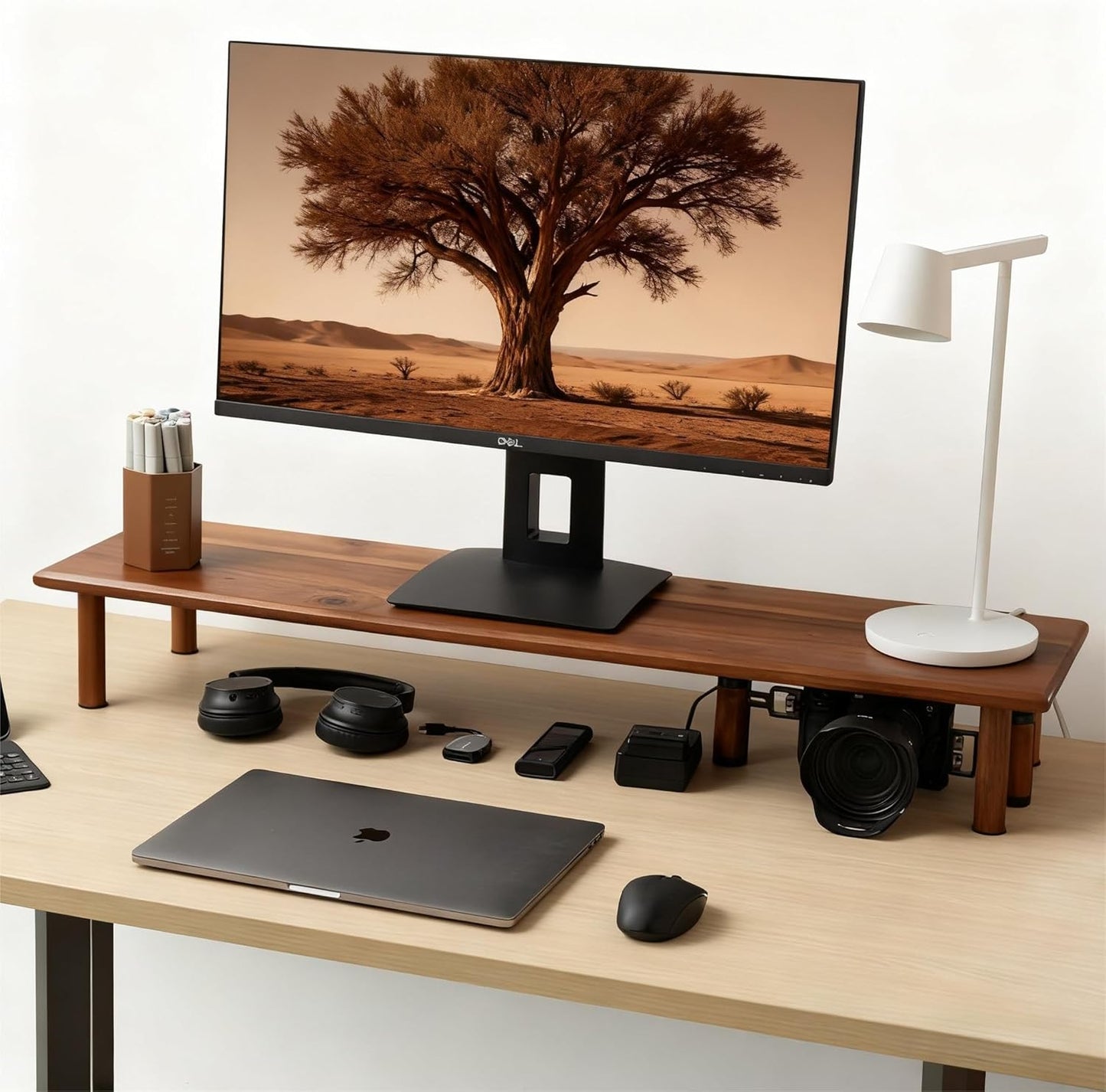 Bamboo Dual Monitor Shelf, Monitor Stand Riser with Underneath Storage for Desk Office Supplies, Supports Heavy TV up to 300 lbs, Natural
