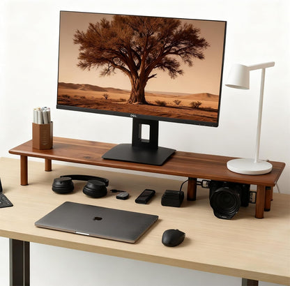 Bamboo Dual Monitor Shelf, Monitor Stand Riser with Underneath Storage for Desk Office Supplies, Supports Heavy TV up to 300 lbs, Natural