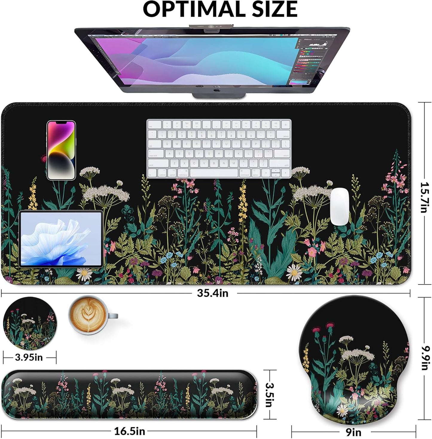 Desk Mat Set + Keyboard and Mouse Pad with Wrist Rest Support,4-in-1 Large Mousepad Computer Mats for Desktop Home & Office-Purple Butterflies